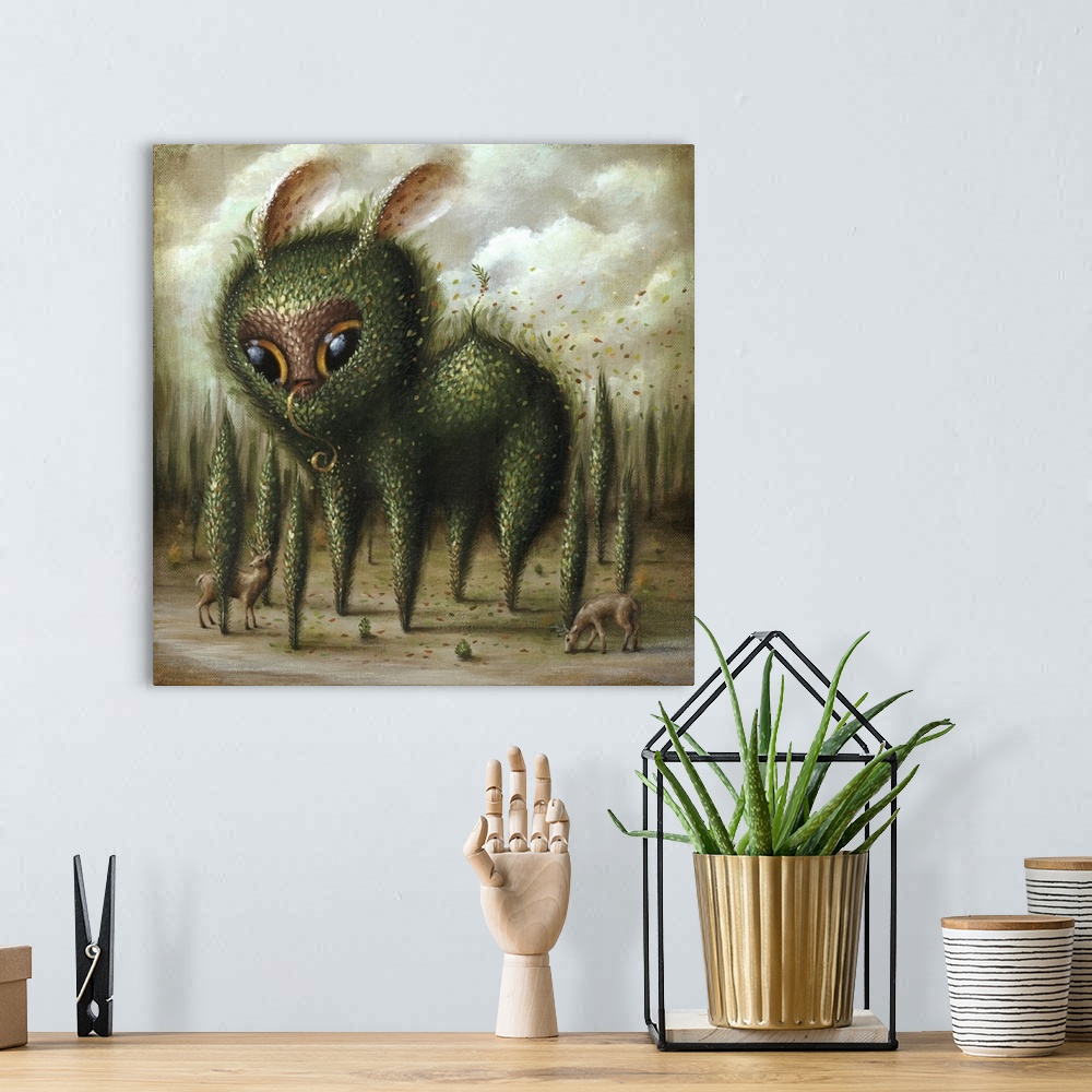 A bohemian room featuring Surrealist painting of a foliage covered beast towering above a forest.