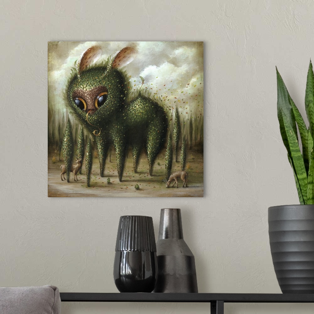 A modern room featuring Surrealist painting of a foliage covered beast towering above a forest.