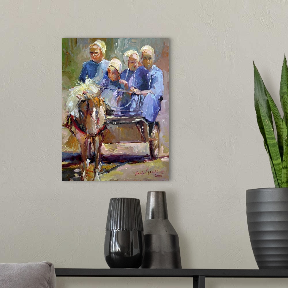 A modern room featuring Contemporary painting of Amish women in horse drawn cart.