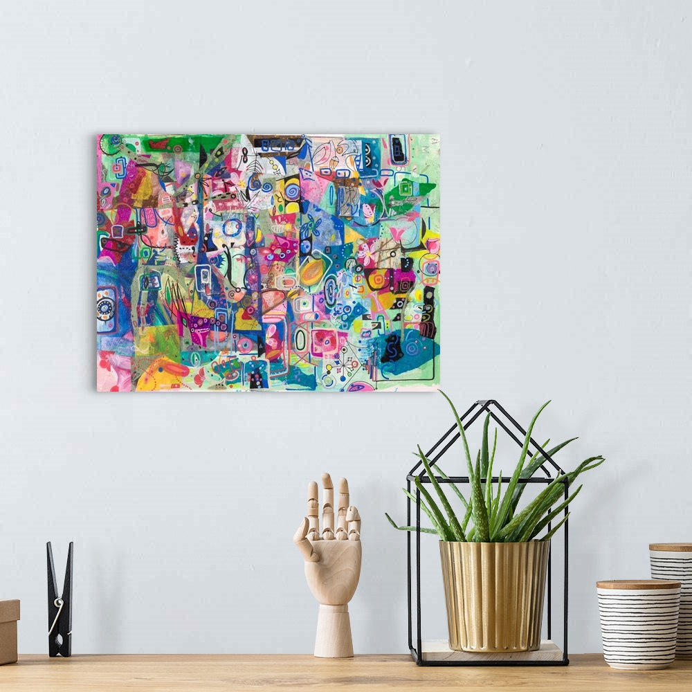 A bohemian room featuring A light, vibrant, contemporary piece of art in a grafitti style in bright pastel colors with elem...