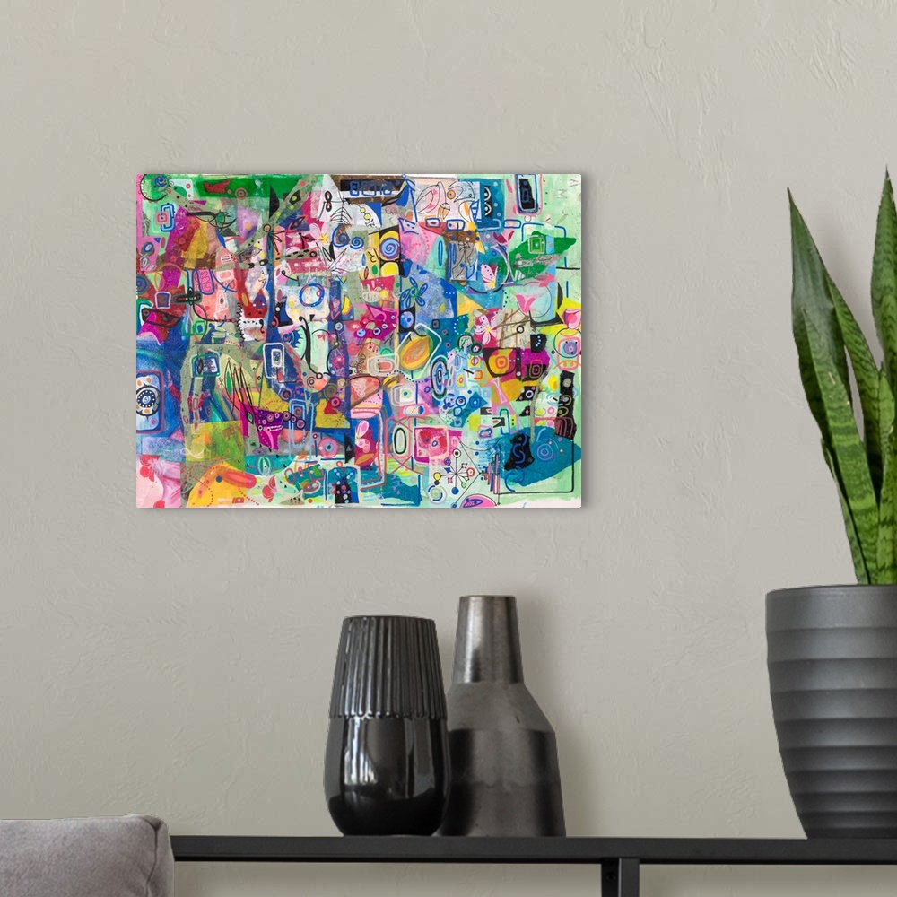 A modern room featuring A light, vibrant, contemporary piece of art in a grafitti style in bright pastel colors with elem...