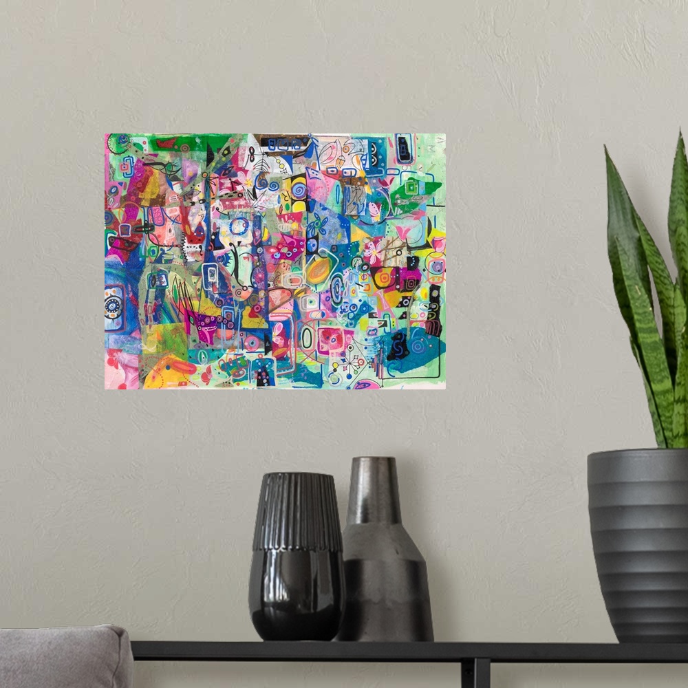 A modern room featuring A light, vibrant, contemporary piece of art in a grafitti style in bright pastel colors with elem...