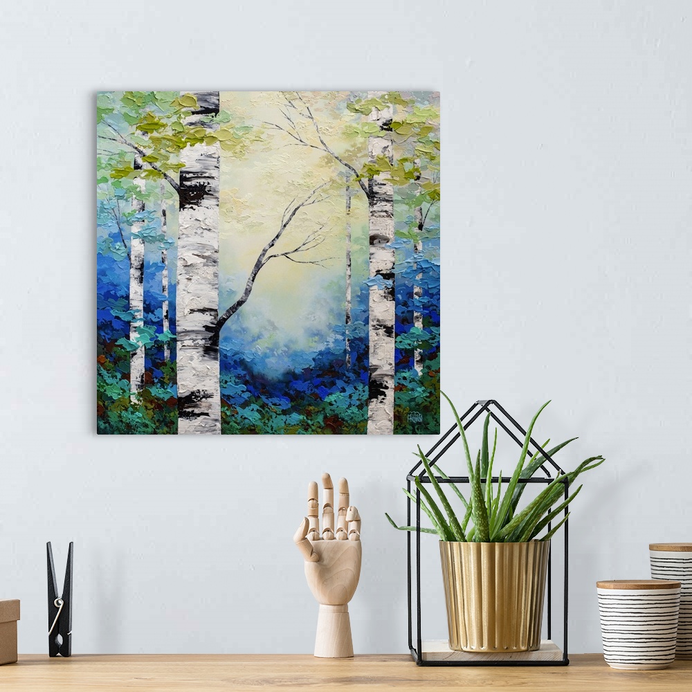 A bohemian room featuring Fine art textured painting of aspen trees and birch trees in sunlit forest Giclee art print on ca...