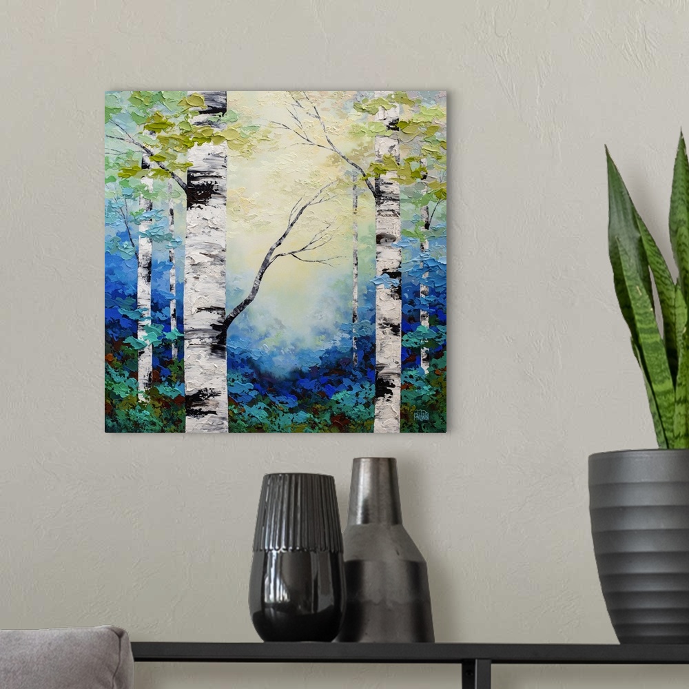 A modern room featuring Fine art textured painting of aspen trees and birch trees in sunlit forest Giclee art print on ca...