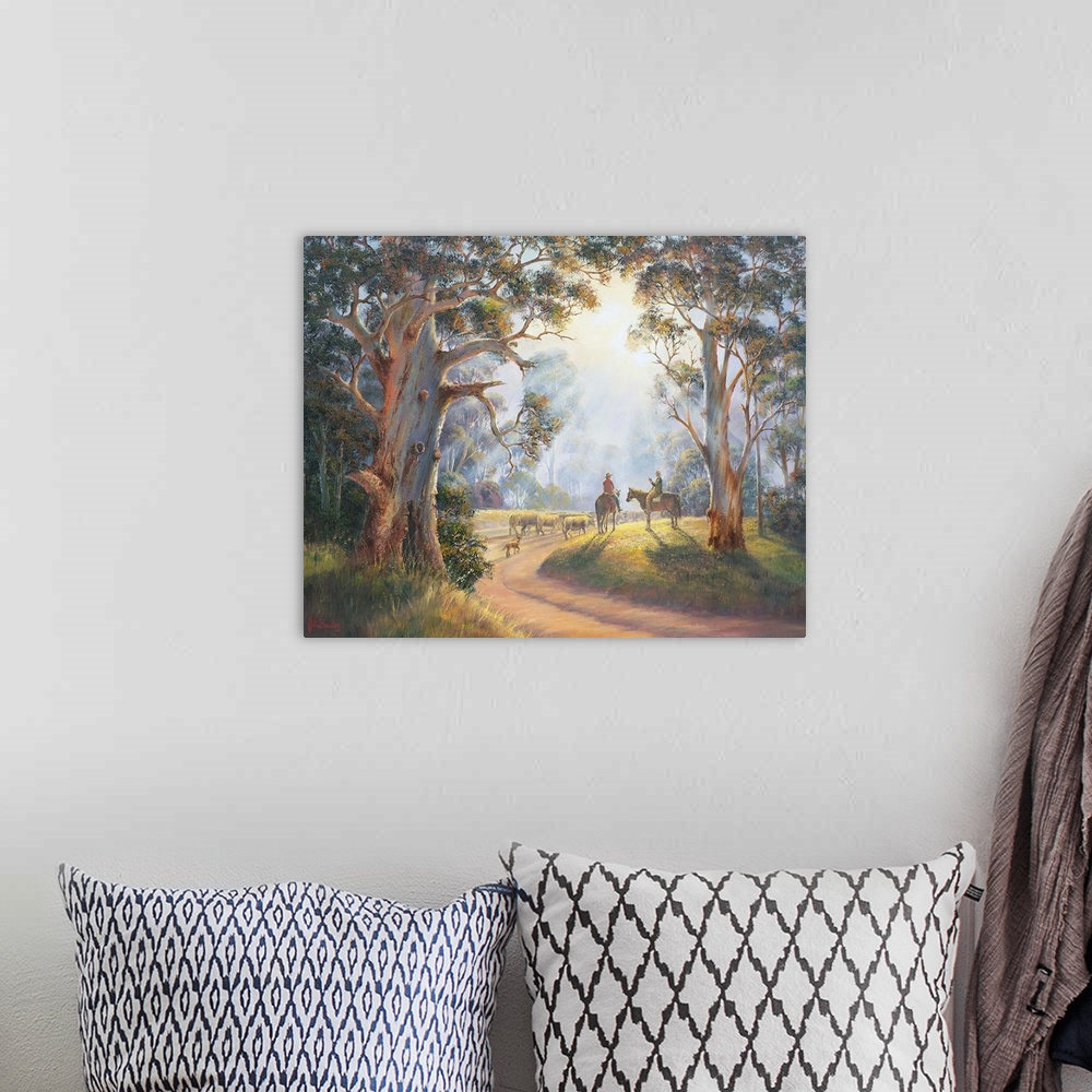 A bohemian room featuring Contemporary painting of cowboys moving cattle through a wooded path in the early morning.