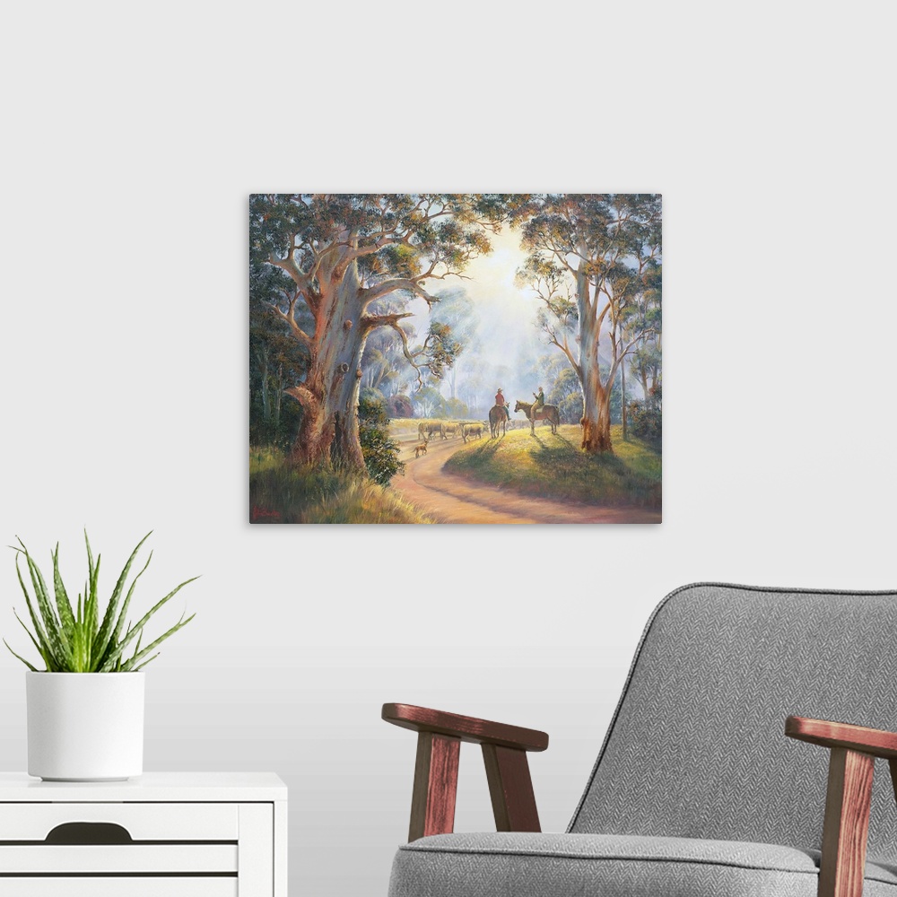 A modern room featuring Contemporary painting of cowboys moving cattle through a wooded path in the early morning.