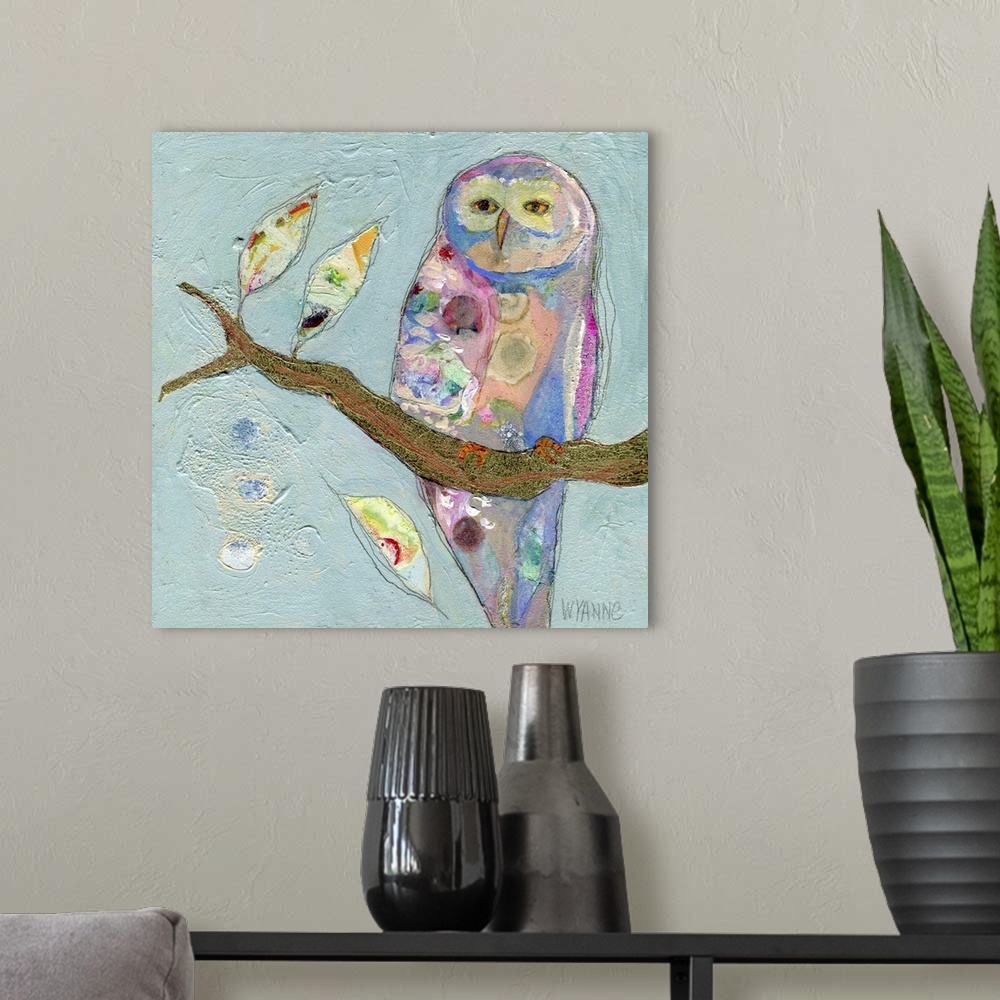 A modern room featuring A pastel colored owl sitting on a branch.