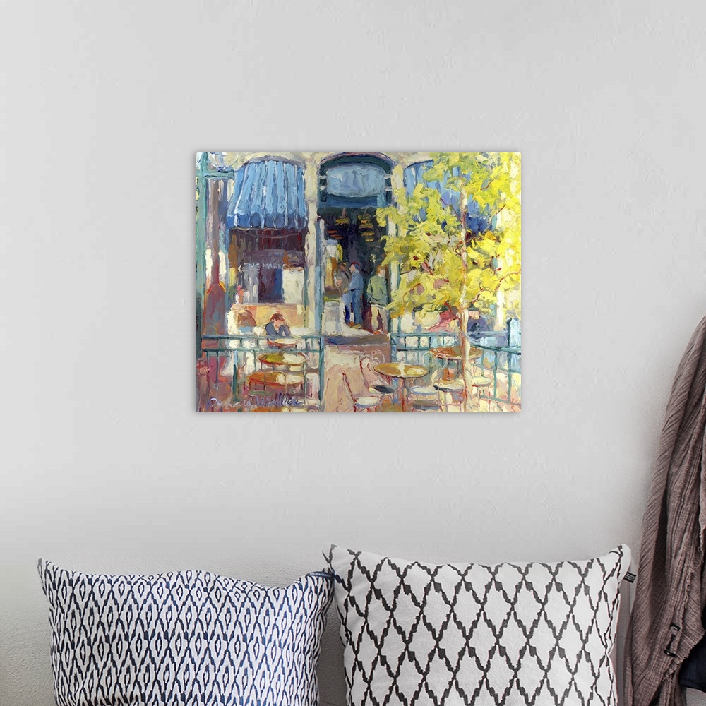 A bohemian room featuring Contemporary colorful painting of an outdoor seating at a cafe.