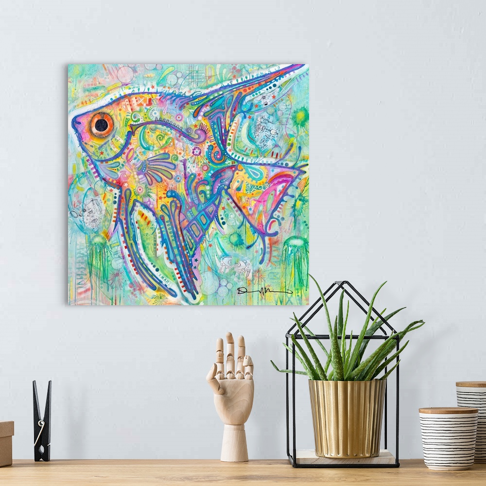 A bohemian room featuring Square painting of an angelfish in pastel colors with abstract designs all over.