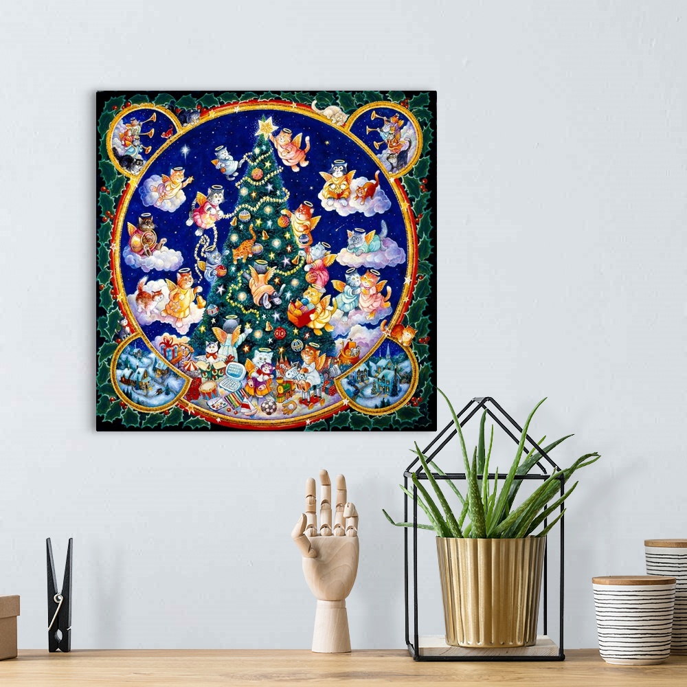 A bohemian room featuring angel cats decorating Christmas tree