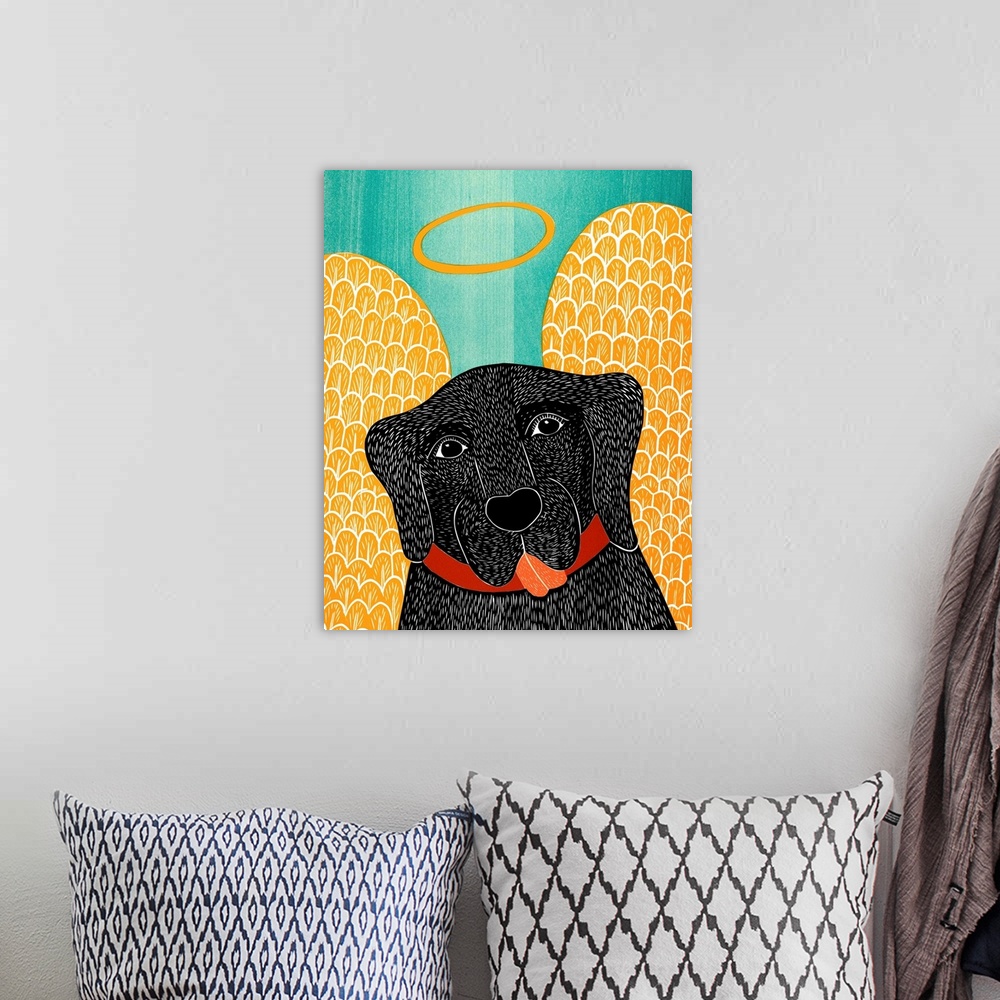 A bohemian room featuring Illustration of a black lab with angel wings and a halo.