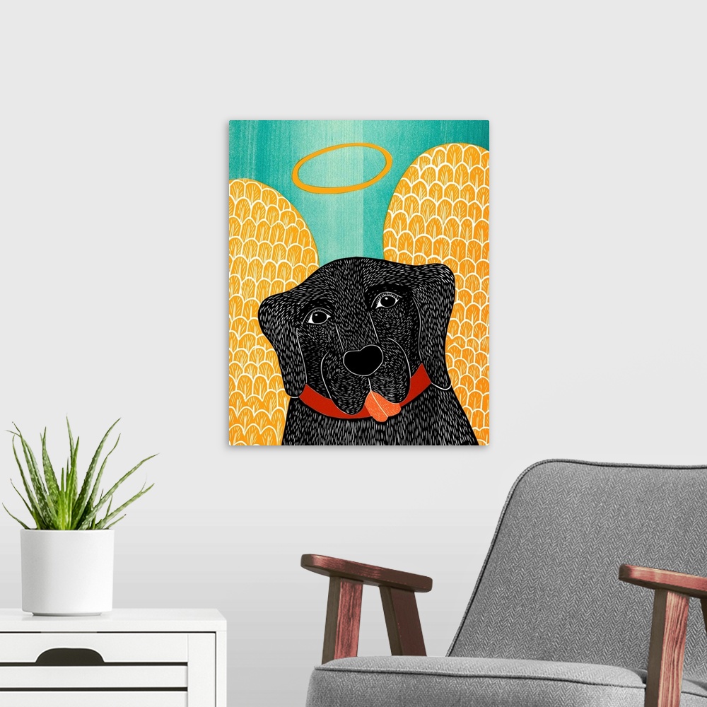 A modern room featuring Illustration of a black lab with angel wings and a halo.