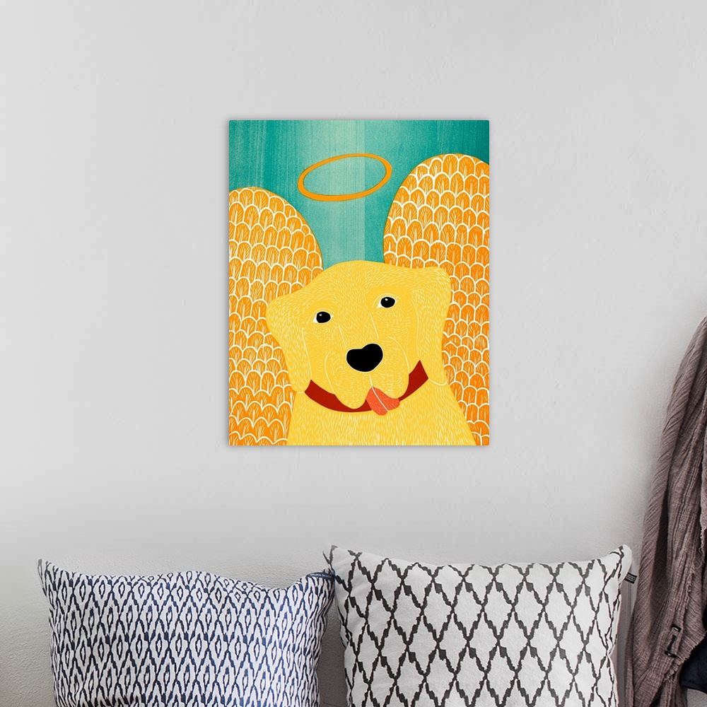 A bohemian room featuring Illustration of a yellow lab with angel wings and a halo.