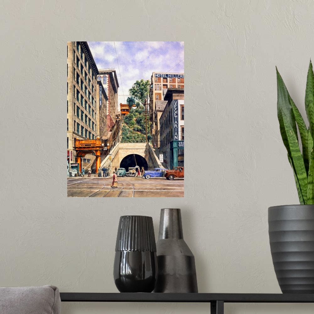 A modern room featuring Contemporary painting of a tunnel between tall building in a city.