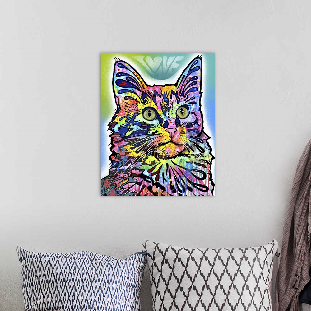 A bohemian room featuring Vibrant illustration of a colorful cat with graffiti-like designs all over and "Love" spray paint...