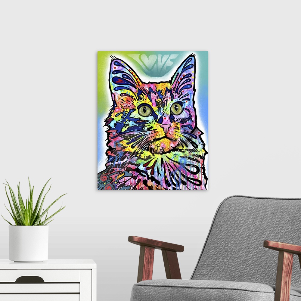 A modern room featuring Vibrant illustration of a colorful cat with graffiti-like designs all over and "Love" spray paint...