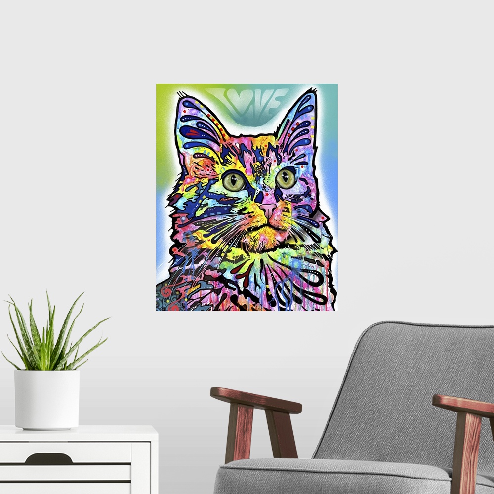 A modern room featuring Vibrant illustration of a colorful cat with graffiti-like designs all over and "Love" spray paint...