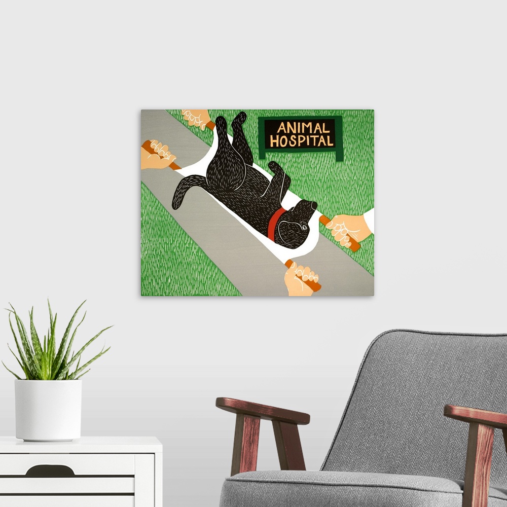 A modern room featuring Illustration of a black lab being carried on a stretcher to the animal hospital.