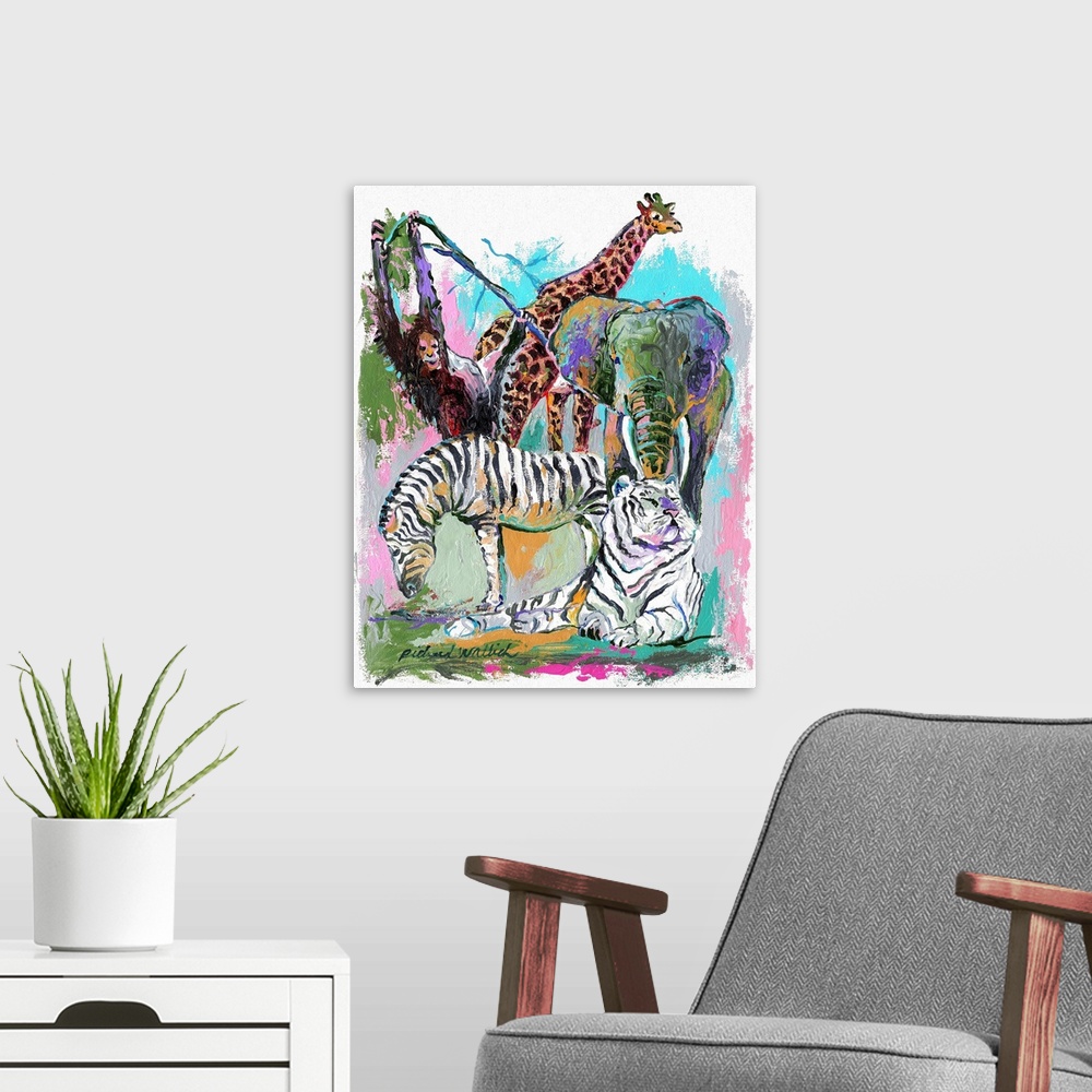 A modern room featuring Various animals gathered together against a colorful background.