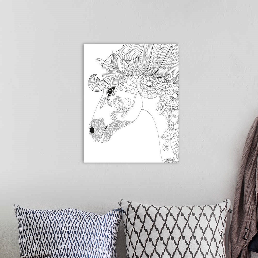 A bohemian room featuring Black and white line art of a uniquely designed unicorn with floral print.