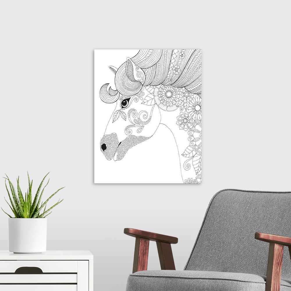 A modern room featuring Black and white line art of a uniquely designed unicorn with floral print.