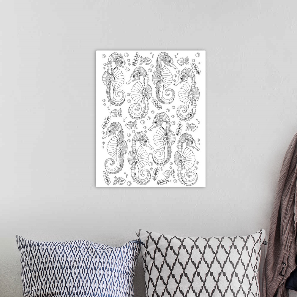 A bohemian room featuring Black and white line art with a pattern of seahorses, bubbles, fish, and algae.