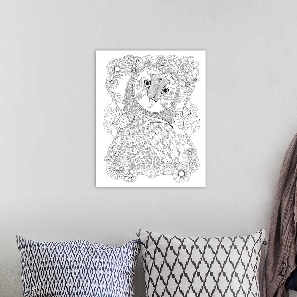 A bohemian room featuring Black and white line art of an intricately designed owl surrounded by flowers and leaves.