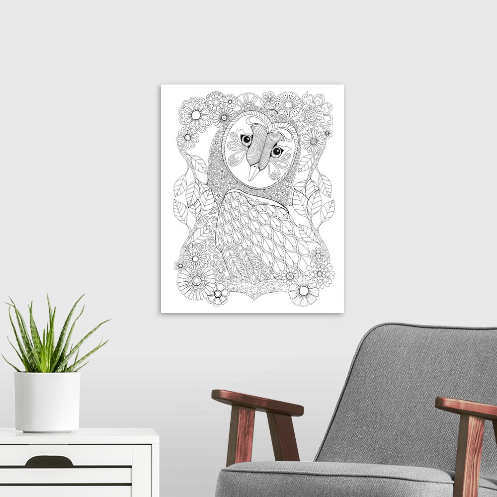 A modern room featuring Black and white line art of an intricately designed owl surrounded by flowers and leaves.