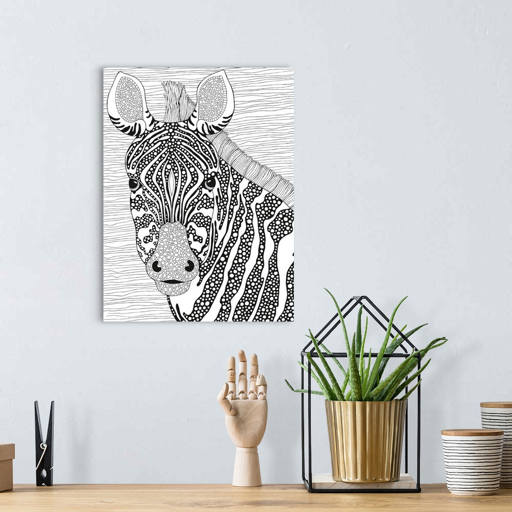A bohemian room featuring Black and white line art of a zebra with circular patterned stripes.