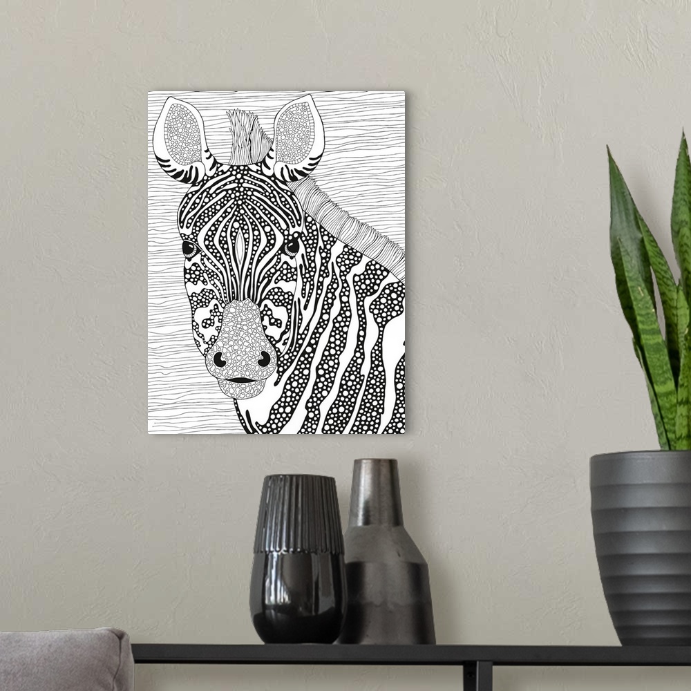 A modern room featuring Black and white line art of a zebra with circular patterned stripes.