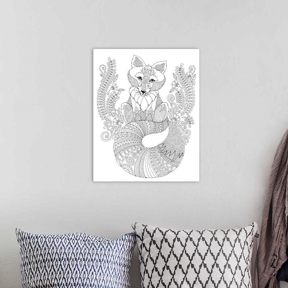 A bohemian room featuring Black and white line art of an intricately designed fox with a big, fluffy tail sitting amongst p...