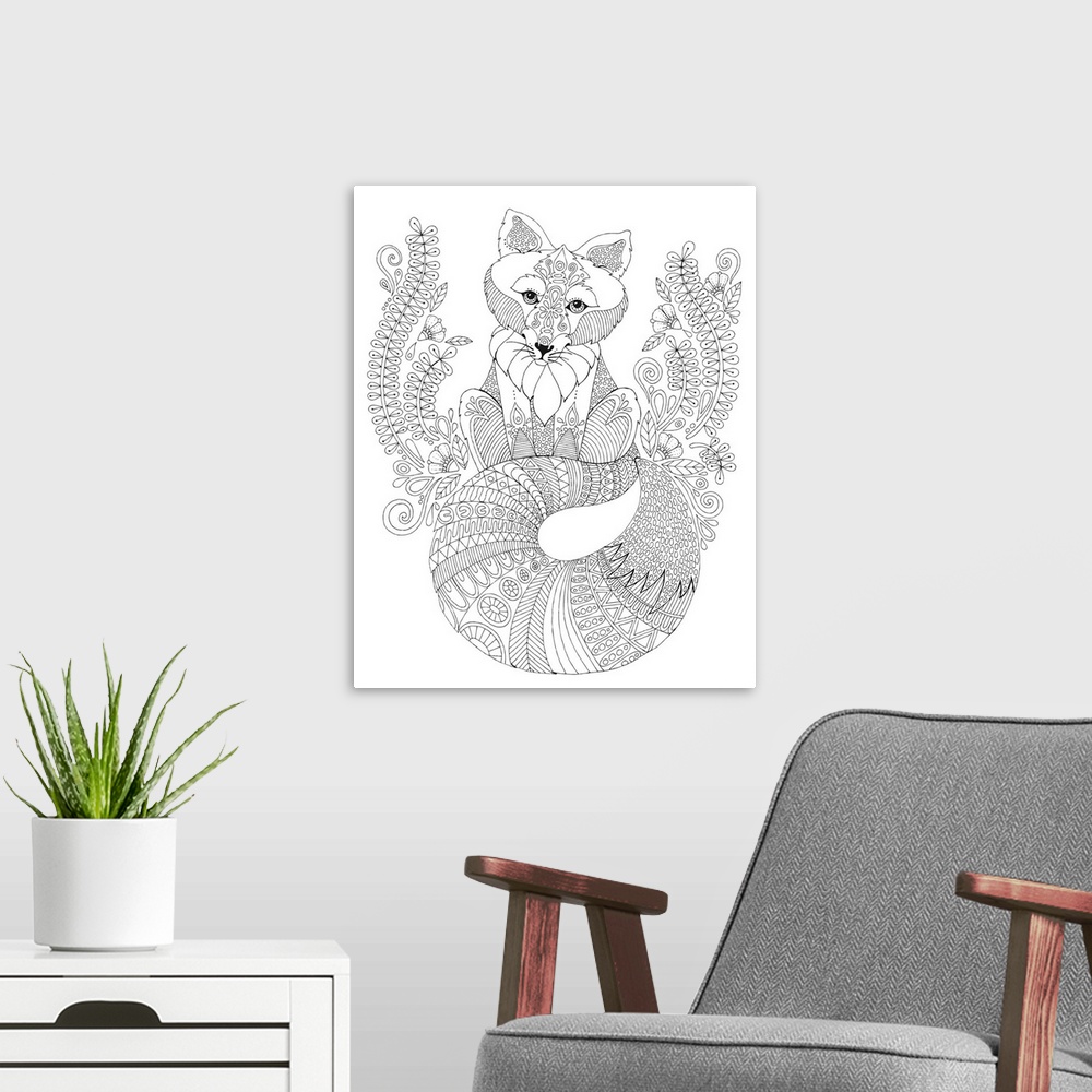 A modern room featuring Black and white line art of an intricately designed fox with a big, fluffy tail sitting amongst p...