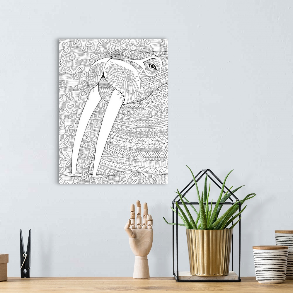 A bohemian room featuring Black and white line art of a walrus made up of unique lined patterns with a swirly background.