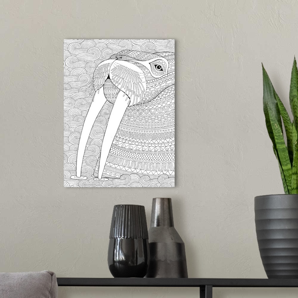 A modern room featuring Black and white line art of a walrus made up of unique lined patterns with a swirly background.
