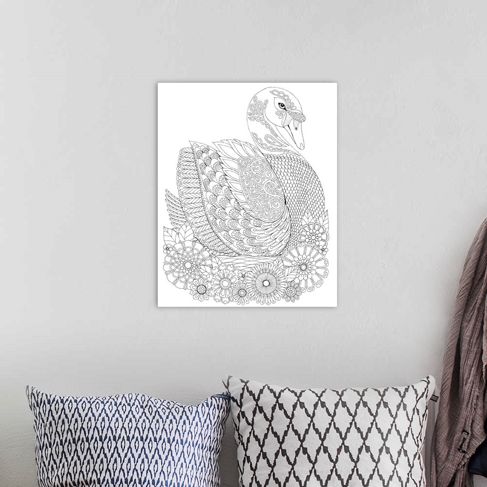 A bohemian room featuring Black and white line art of an intricately detailed swan with flowers underneath.