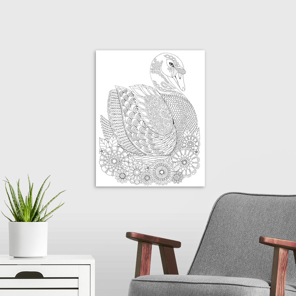 A modern room featuring Black and white line art of an intricately detailed swan with flowers underneath.