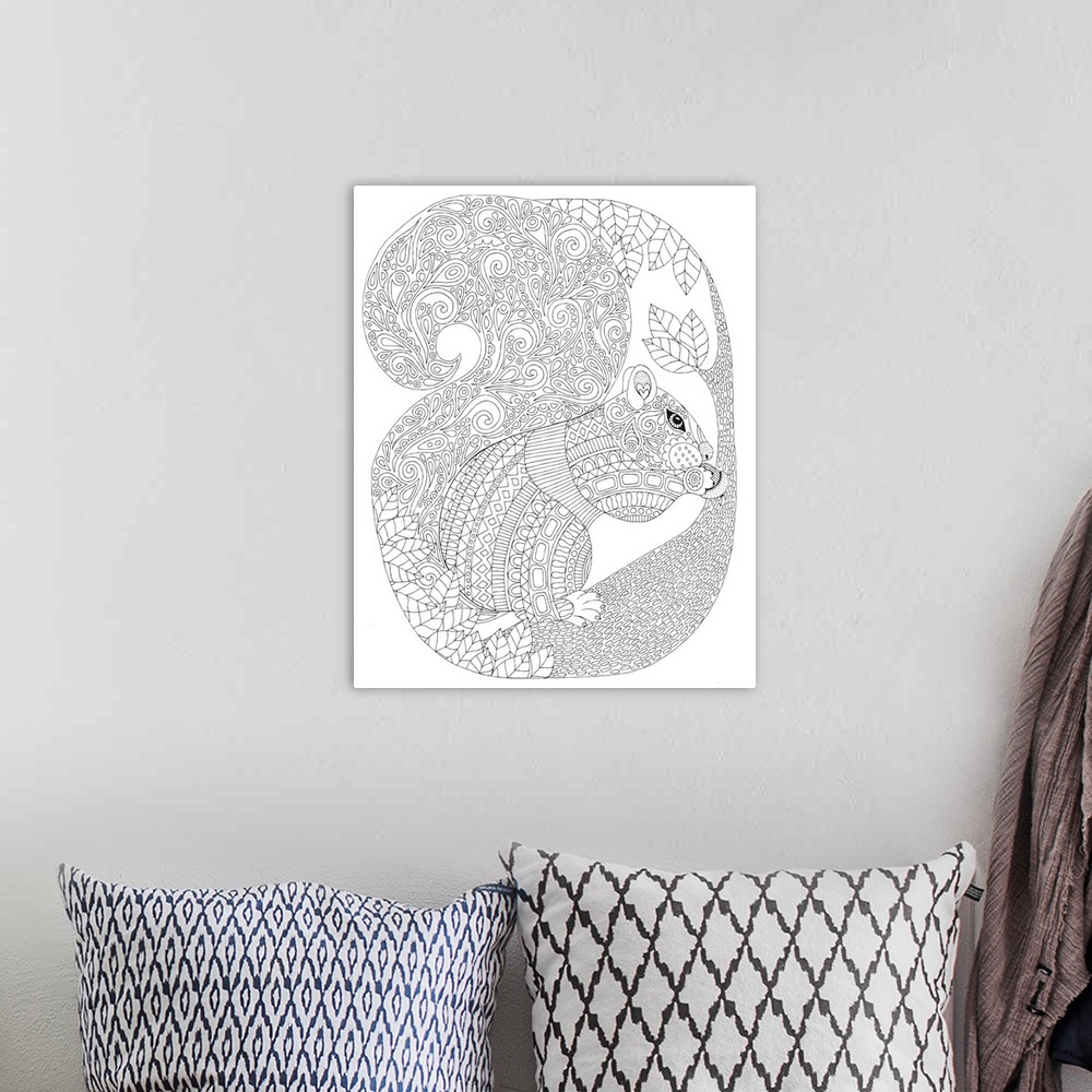 A bohemian room featuring Black and white line art of an intricately designed squirrel on a branch eating an acorn.