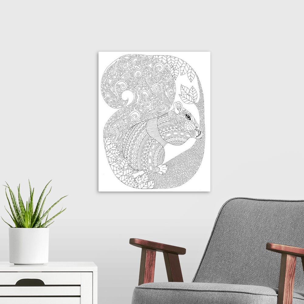 A modern room featuring Black and white line art of an intricately designed squirrel on a branch eating an acorn.