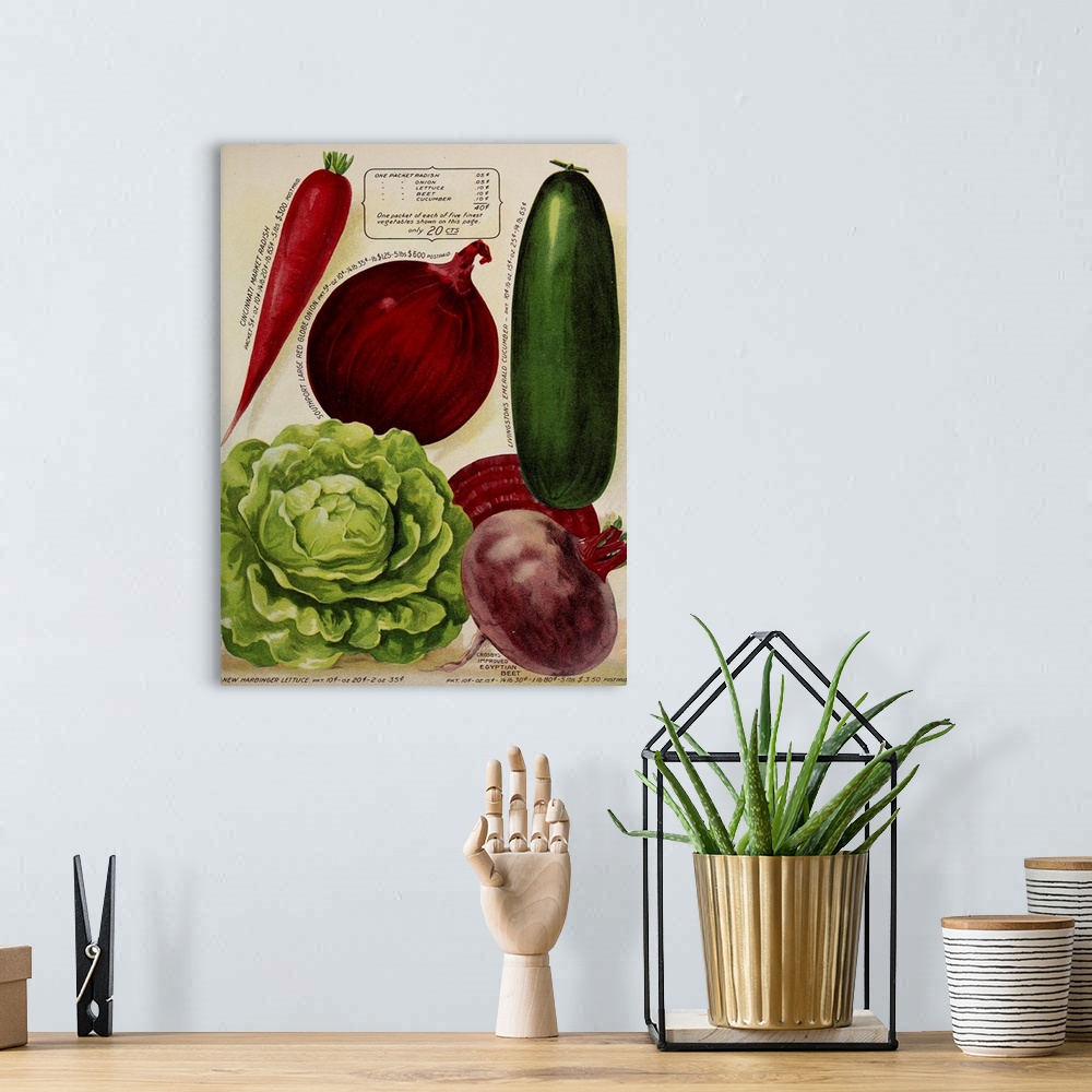 A bohemian room featuring Vintage poster advertisement for Annual Of True Blue Veggies.