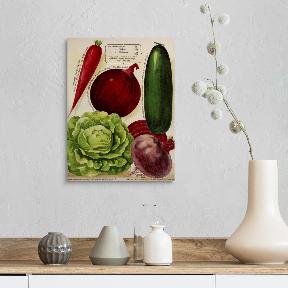 A farmhouse room featuring Vintage poster advertisement for Annual Of True Blue Veggies.