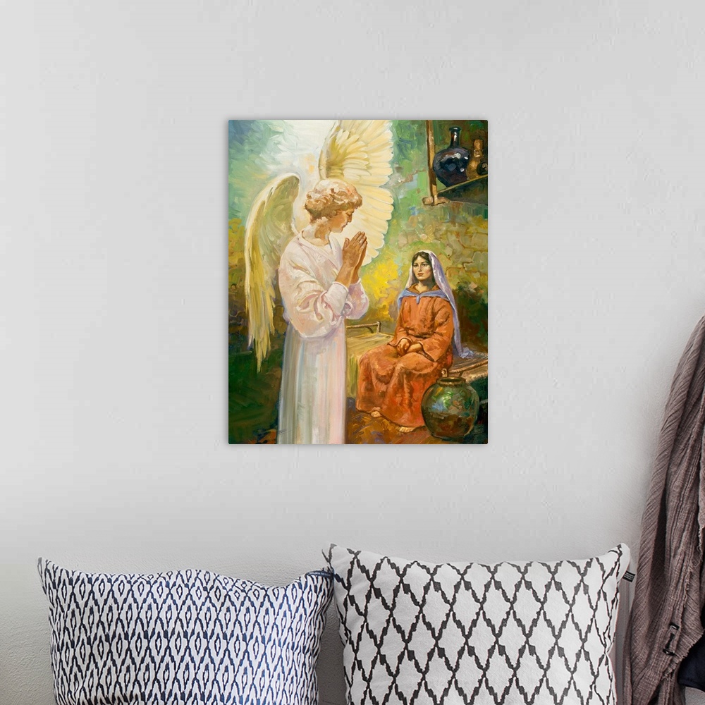 A bohemian room featuring An angel, making itself known to a woman.