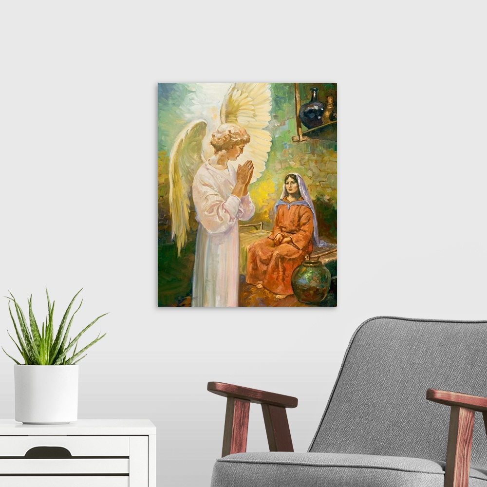 A modern room featuring An angel, making itself known to a woman.