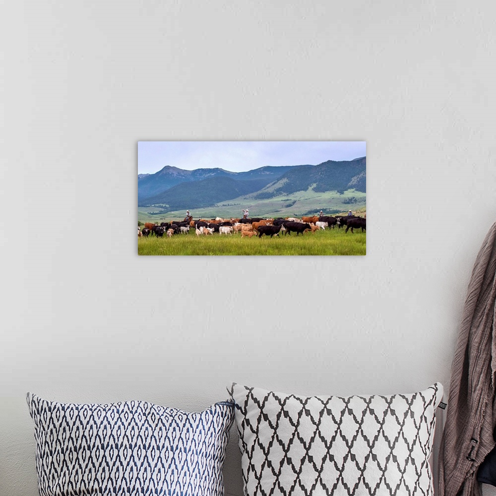 A bohemian room featuring Photograph of cowboys with lassos herding cattle through a valley.