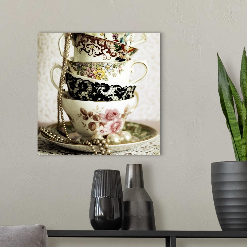 A modern room featuring Antique Cups and Saucers with Pearls 01