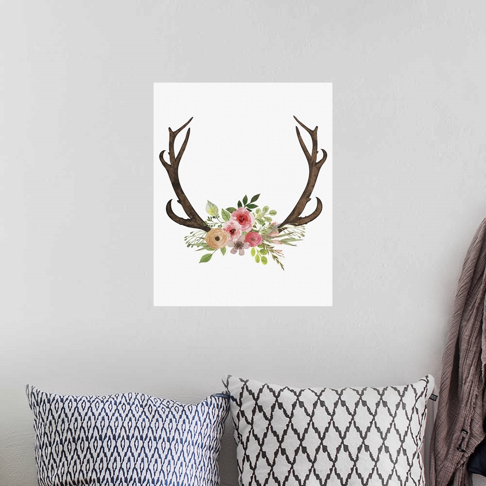 A bohemian room featuring Watercolor painting of antlers with a bouquet of flowers in the center on a solid white background.