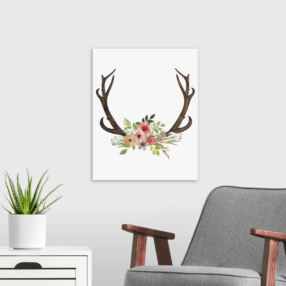 A modern room featuring Watercolor painting of antlers with a bouquet of flowers in the center on a solid white background.