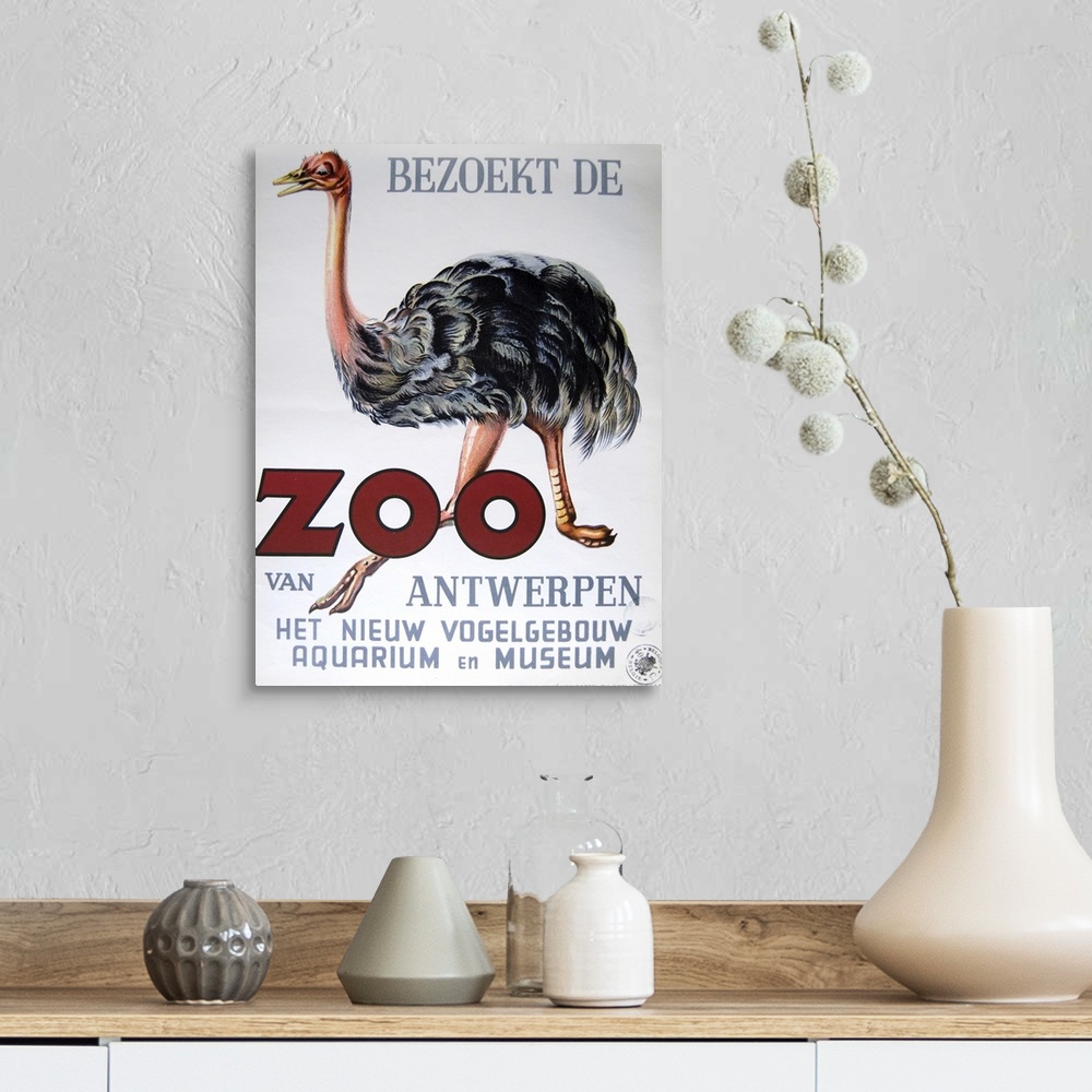 A farmhouse room featuring Vintage poster advertisement for Antwerp Zoo.