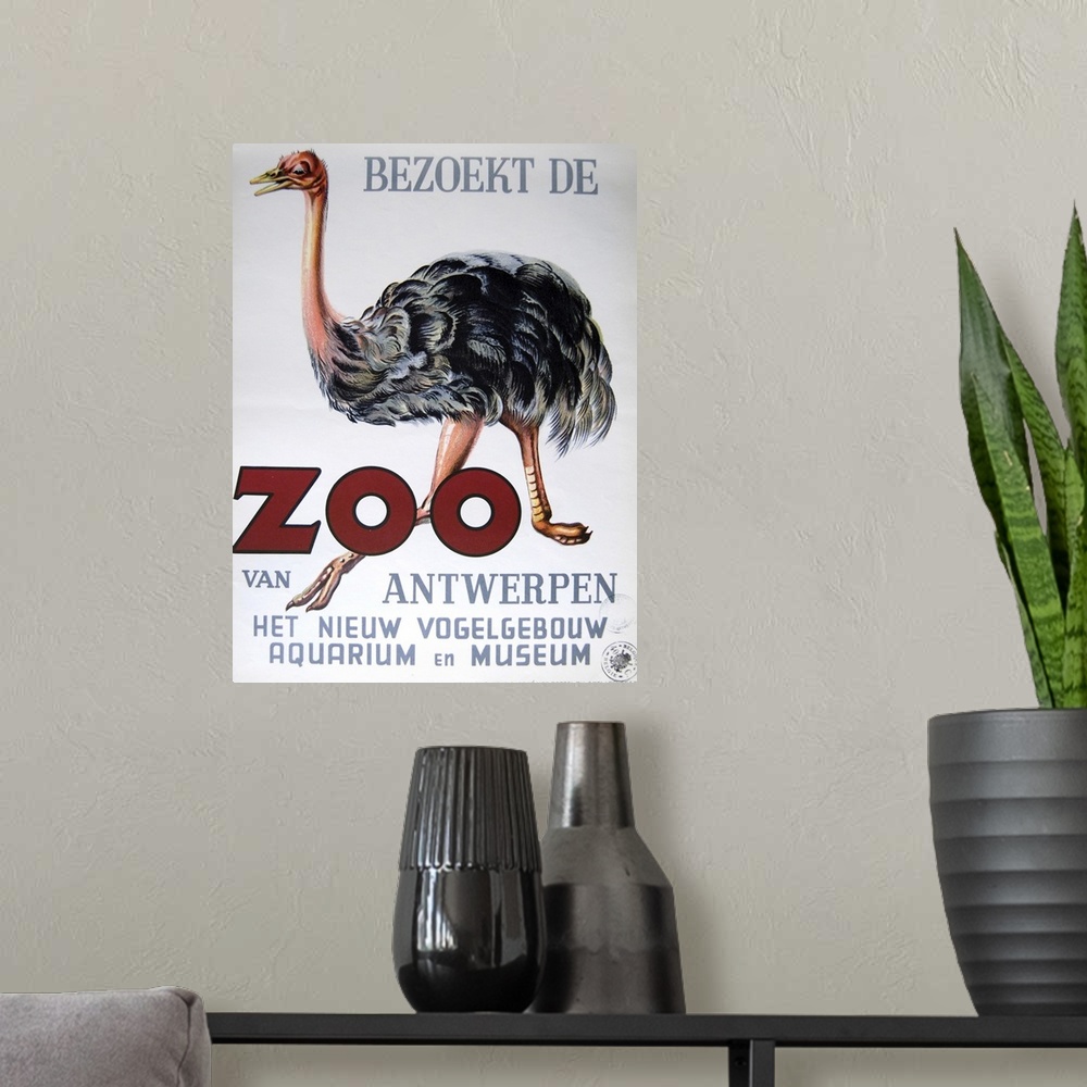 A modern room featuring Vintage poster advertisement for Antwerp Zoo.