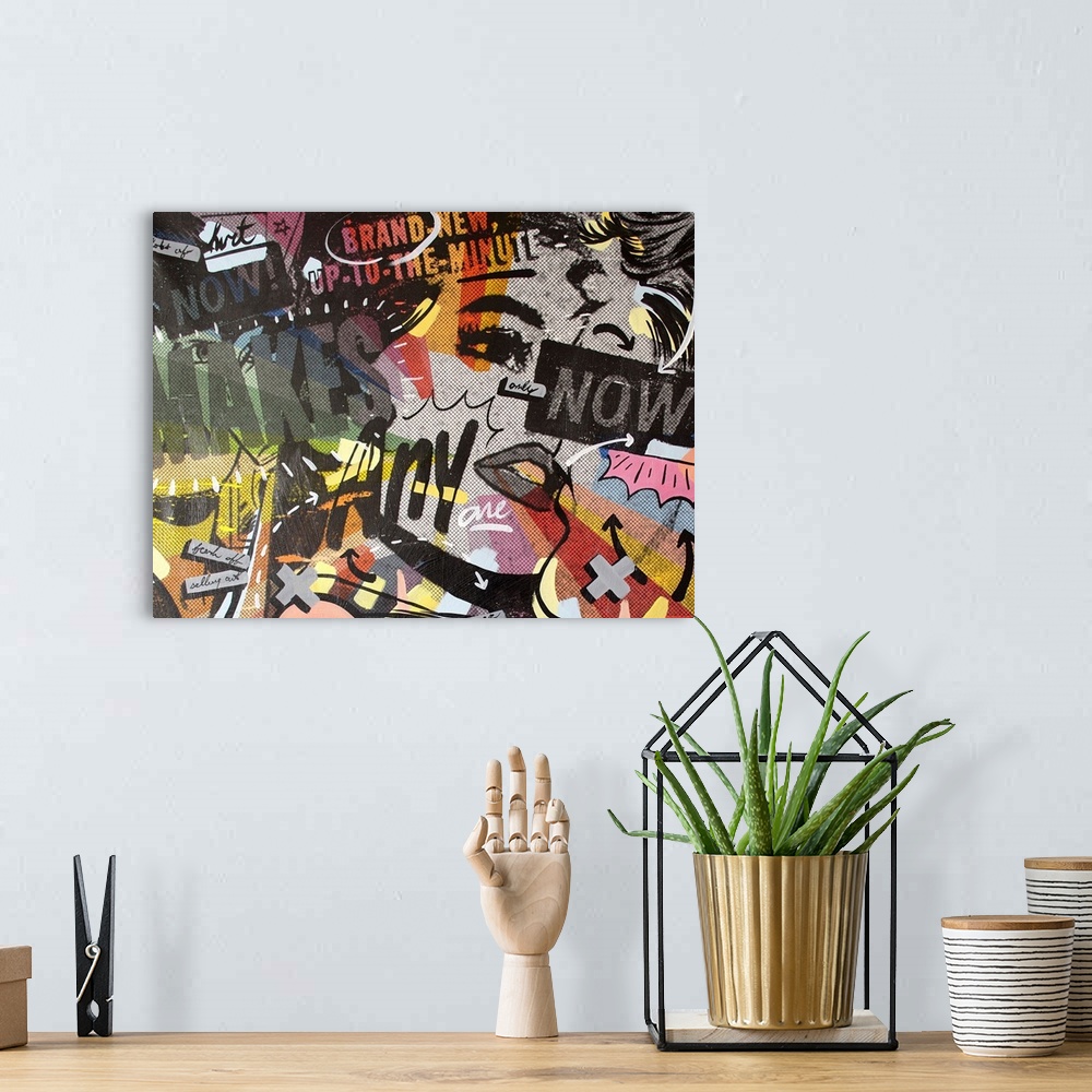 A bohemian room featuring Pop art composed of comic illustrations and bold text, reminiscent of Lichtenstein, of a woman's ...