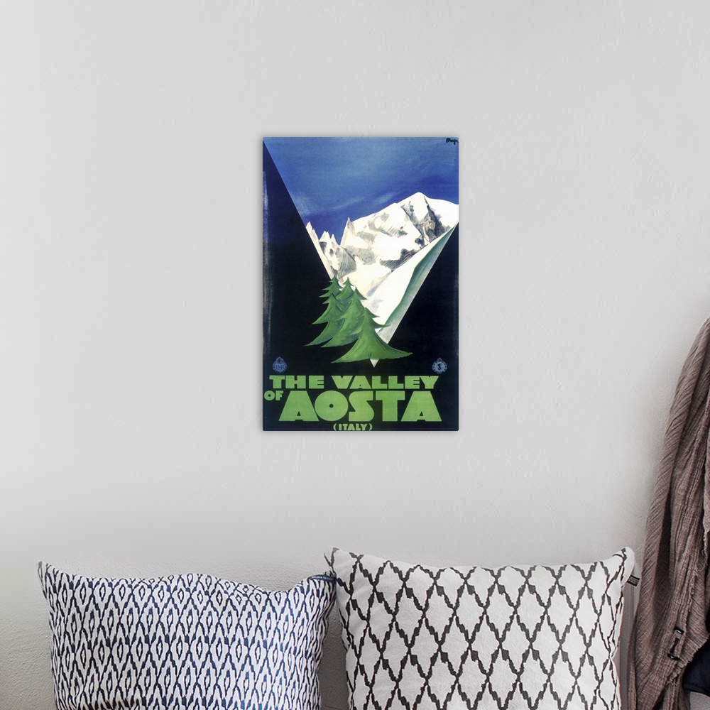 A bohemian room featuring Vintage poster advertisement for Aosta Italia.